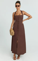 Marla Midi Dress - Square Neck Button Front Shift Dress in Chocolate