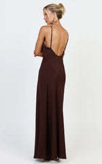 Azura Maxi Dress - Backless Beaded Trim Dress in Chocolate