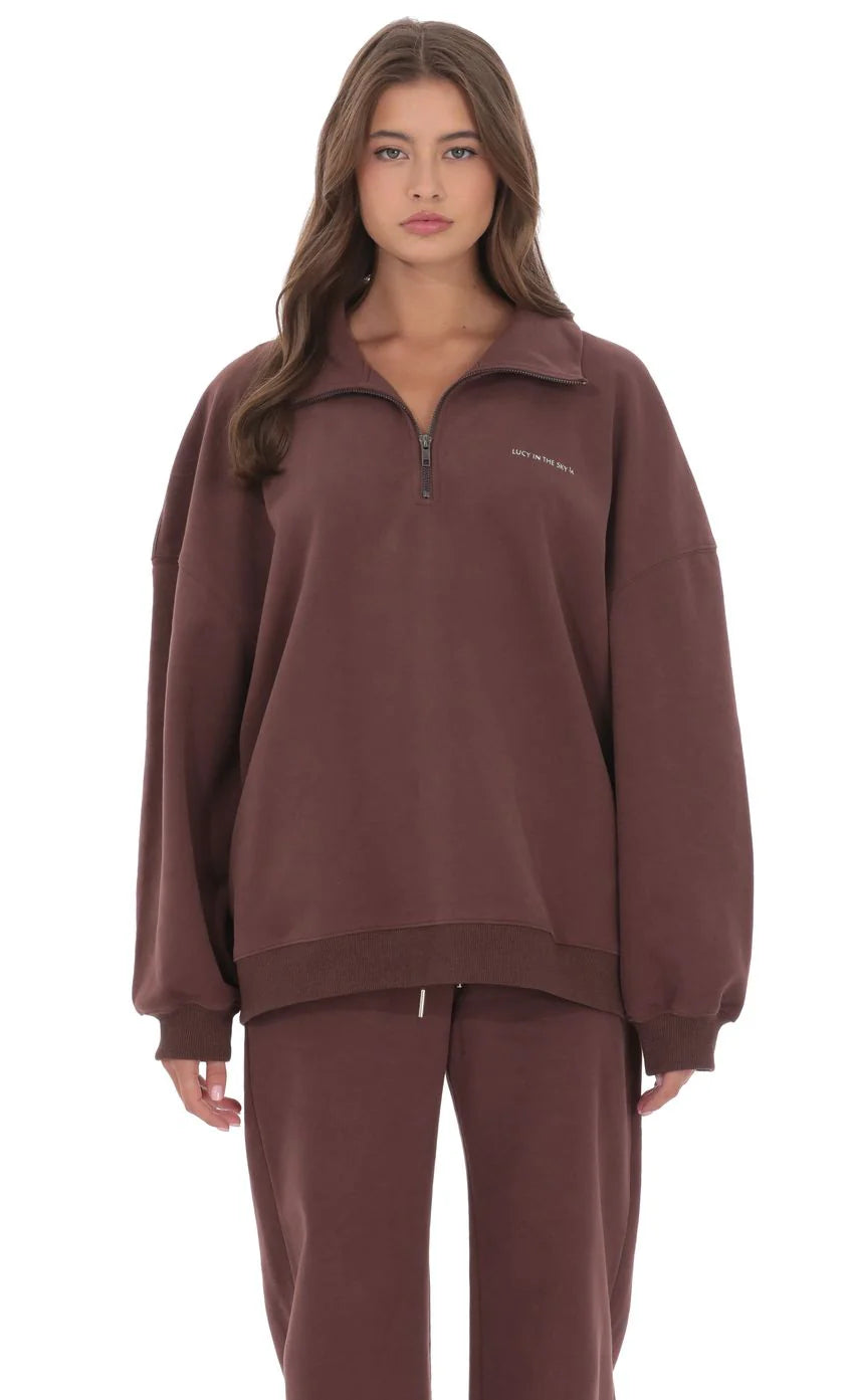 Quarter Zip-Up Jumper in Brown
