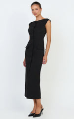 Calista Midi Dress - Boat Neck Button Down Pencil Dress in Black