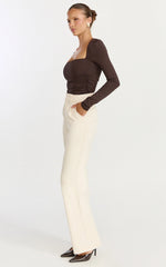 Seraphina Top - Long Sleeve Square Neck Gathered Waist Top in Chocolate