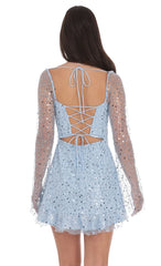 Sequin Flare Long Sleeve Dress in Light Blue