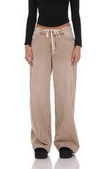 Drawstring Wide Leg Jeans in Camel