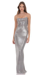 Metallic Corset Maxi Dress in Silver