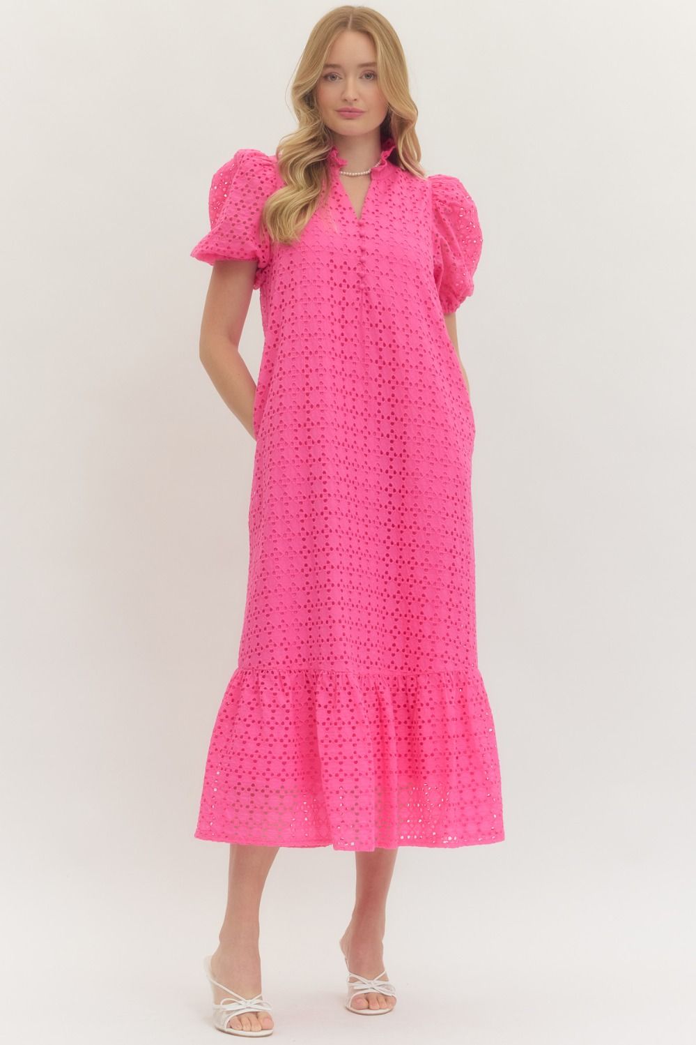 Eyelet Short Puff Sleeve Hot Pink Midi Dress With Pockets | Entro