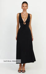 Silvena Midi Dress - Plunge Neckline Tie Front A Line Dress in Black