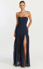 Jocelyn Maxi Dress - Strapless Ruched Fit And Flare Dress in Navy