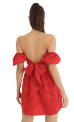 Jacquard Puff Sleeve Baby Doll Dress in Red