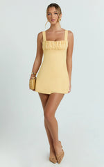 Welmina Mini Dress - Square Neck Front Placket Dress in Lemon
