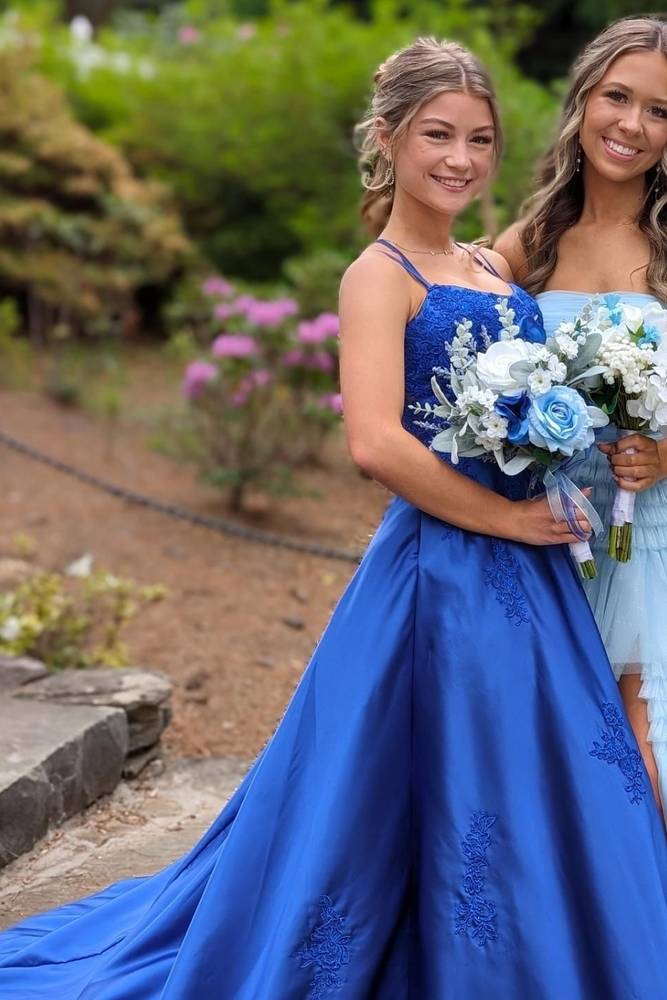 Bouquet Royal Formal Dresses Royal Blue Applique A-Line Satin Prom Dress  With Double Straps