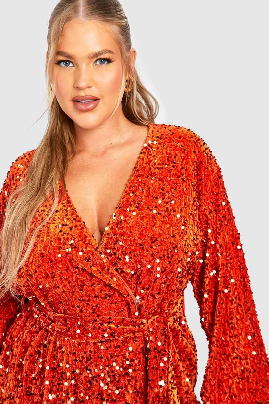 Burnt Orange boohoo Plus Velvet Sequin Wrap Midi Dress