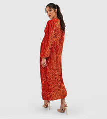 Buy Boohoo Velvet Sequin O Ring Maternity Midi Dress In Orange