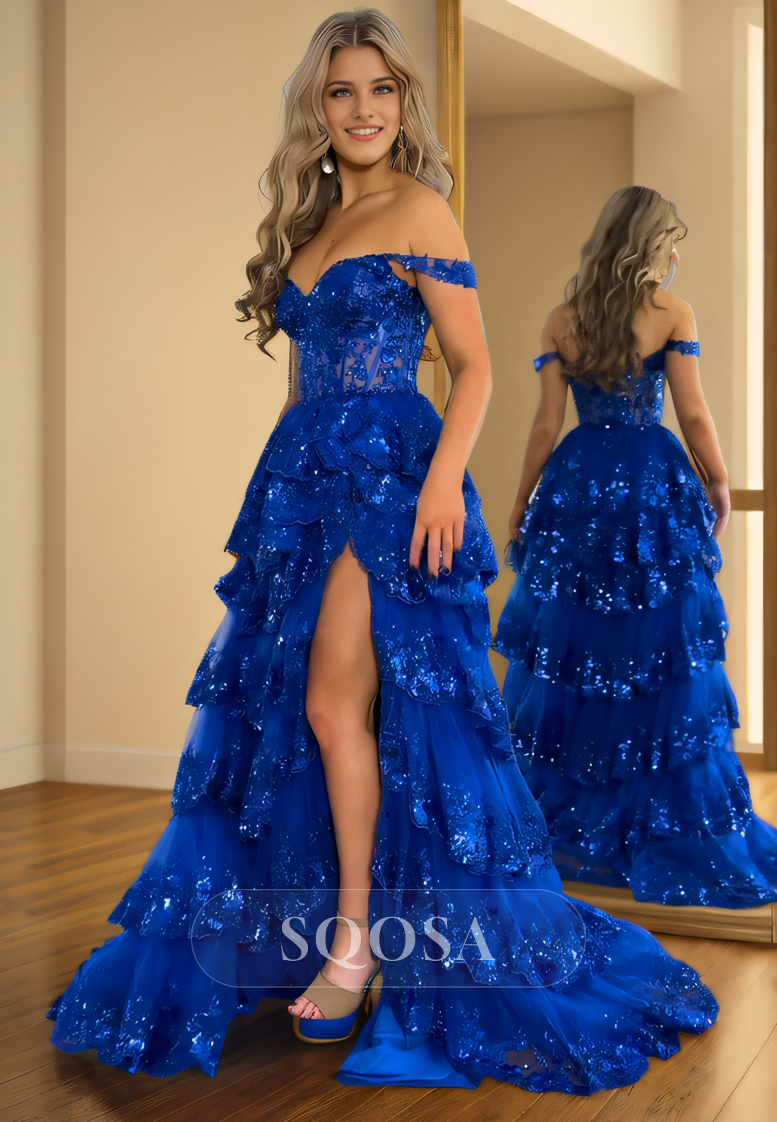 A-Line Sweetheart Off-Shoulder Sleeveless Pleated Tiered Sparkly Long Formal Prom Dress with High Slit