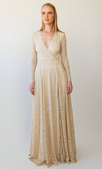 Long Sleeves Light Champagne Wrap Lace Maxi Dress with a Slit #1410