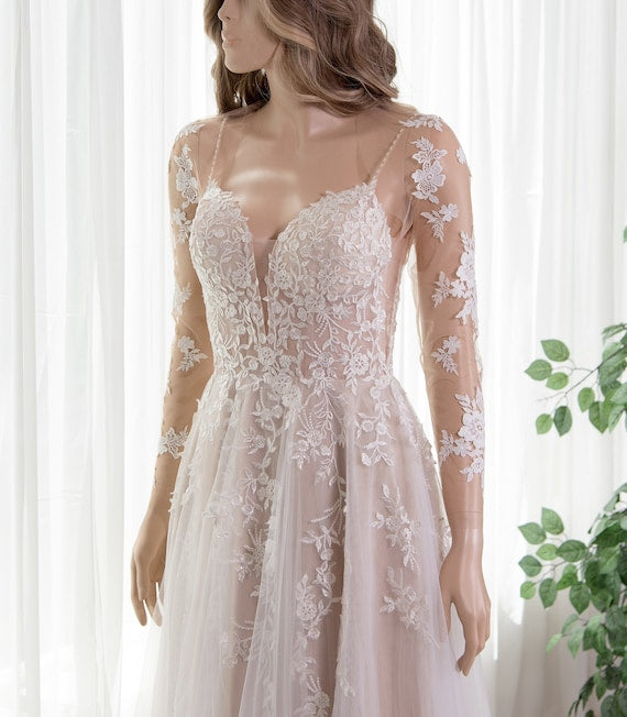 Add Long Sleeves to Your Dress Without Sewing Skin Colored Tulle Bolero  Jacket With Lace Appliques on the Sleeves Wedding Dress Topper