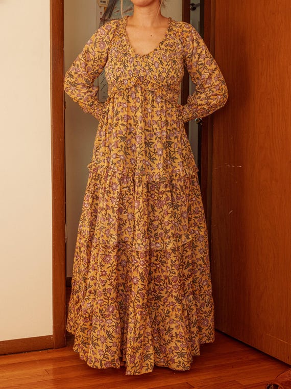 ORGANIC Bohemian Floral Hand Block Printed Maxi, Maternity Photoshoot Dress, Lightweight Cotton Long Dress, Spring Long Sleeve Style Dress