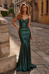 La Femme 33412 Dark teal mermaid prom dress with a cowl neckline and fitted silhouette.