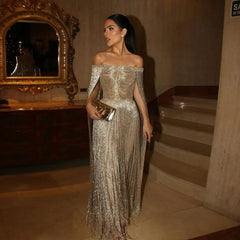 Luxury Gold Fringe Sequin Off-Shoulder Evening Gown with Cape Sleeves SS232-DreamyVow