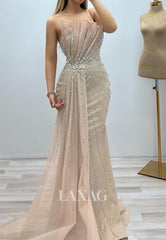Tube Top Sleeveless Beaded Mermaid Evening Dress Pleated Tulle Formal Gowns with Sweep Train