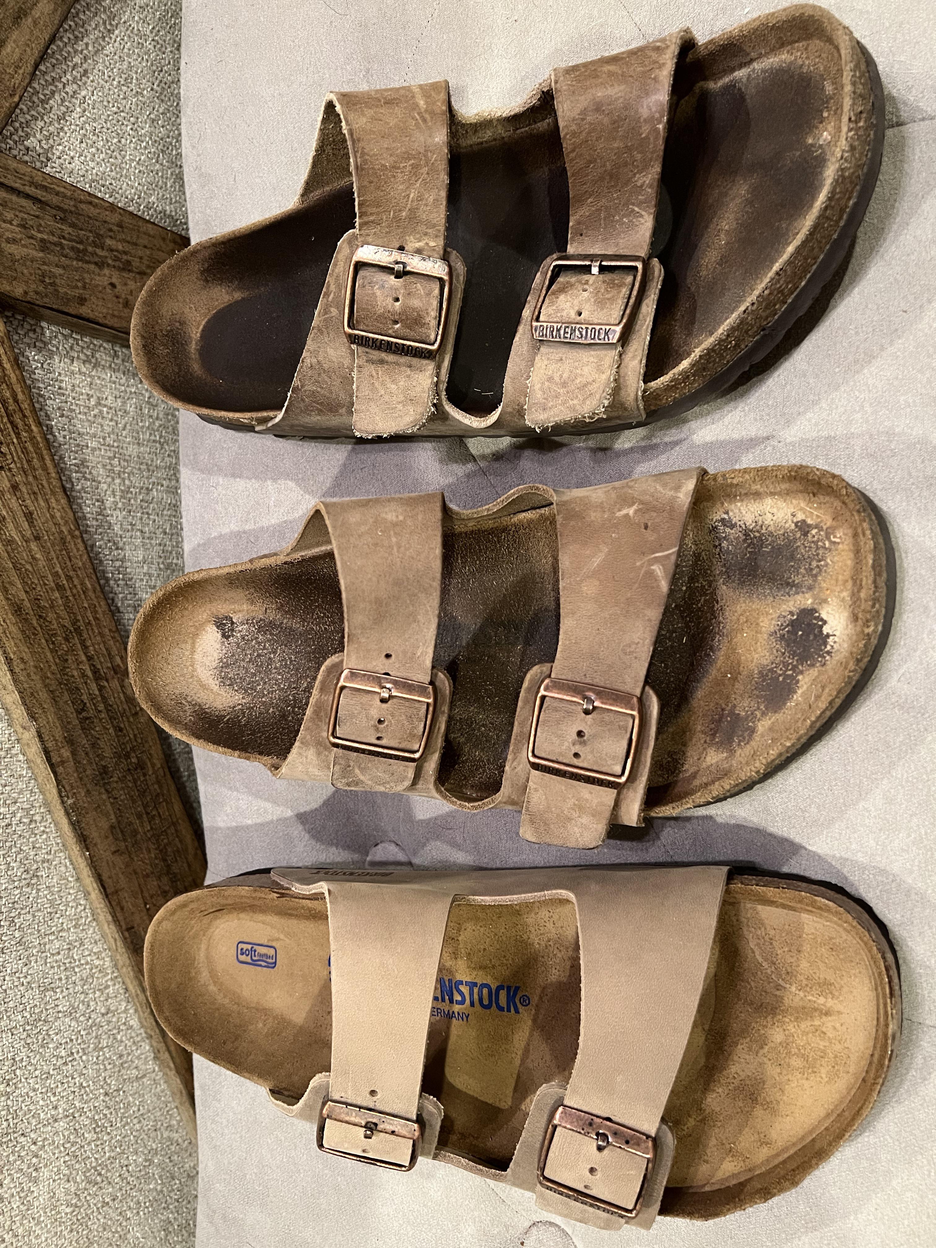 Oiled Tobacco Brown: Since it's been asked several times lately, I thought  I'd post reference pictures. This is a new pair, next to a broken in pair,  next to a very broken