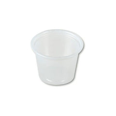Clear 1 oz plastic portion cup for condiments and samples.