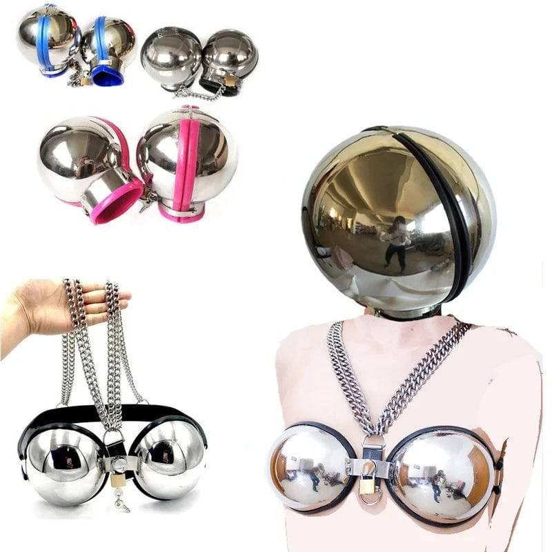 Stainless Steel Bondage Ball Helmet Restraint | Lockable Hood with Handcuffs & Chains | BDSM Slave Hood for Men & Women - Passion Pulse Adult