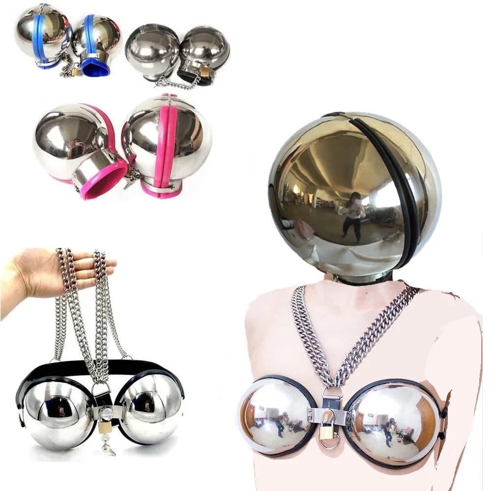 Stainless Steel Bondage Ball Helmet Restraint | Lockable Hood with Handcuffs & Chains | BDSM Slave Hood for Men & Women - Passion Pulse Adult