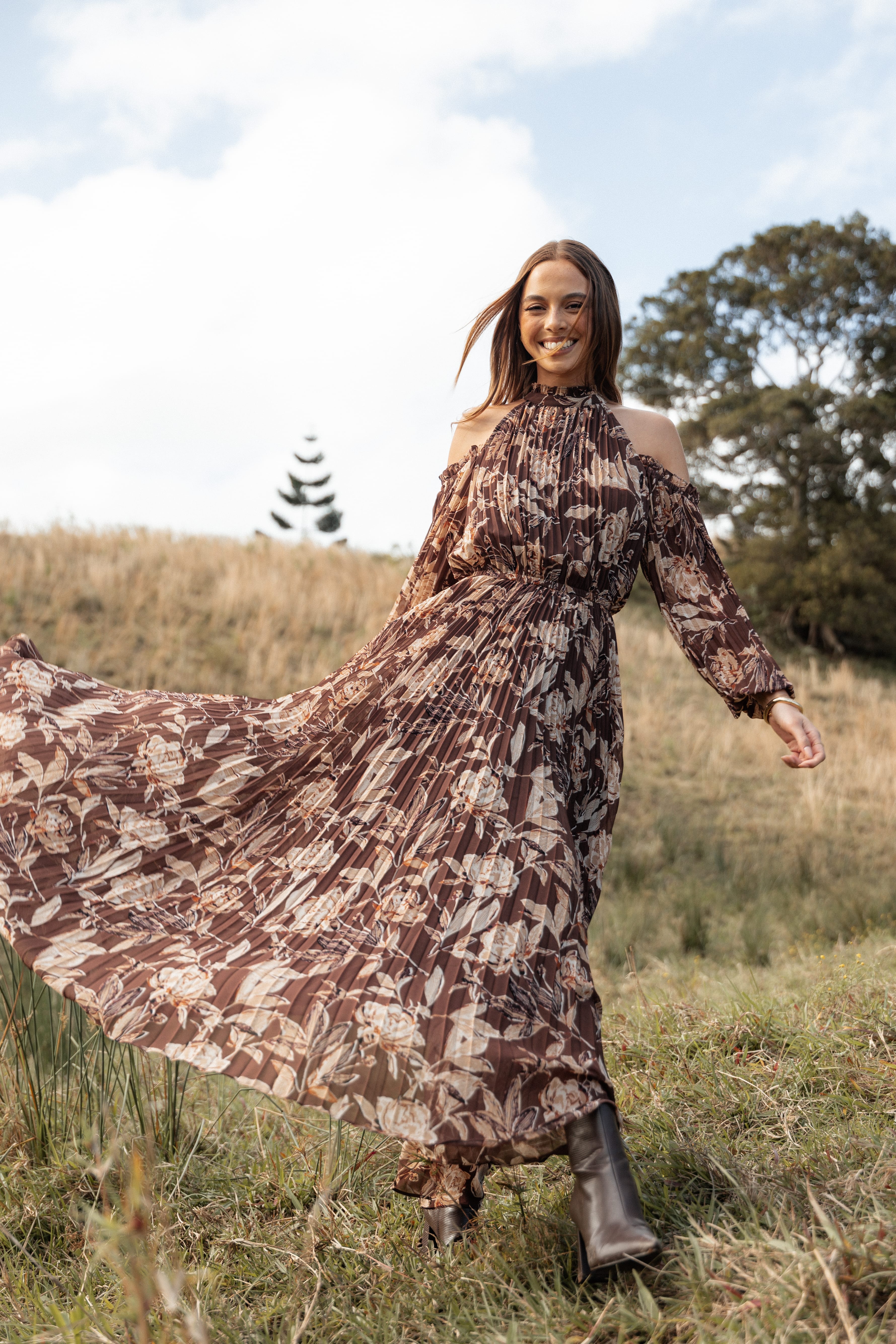 Petal and Pup USA DRESSES Hilary Pleated Maxi Dress - Brown Floral