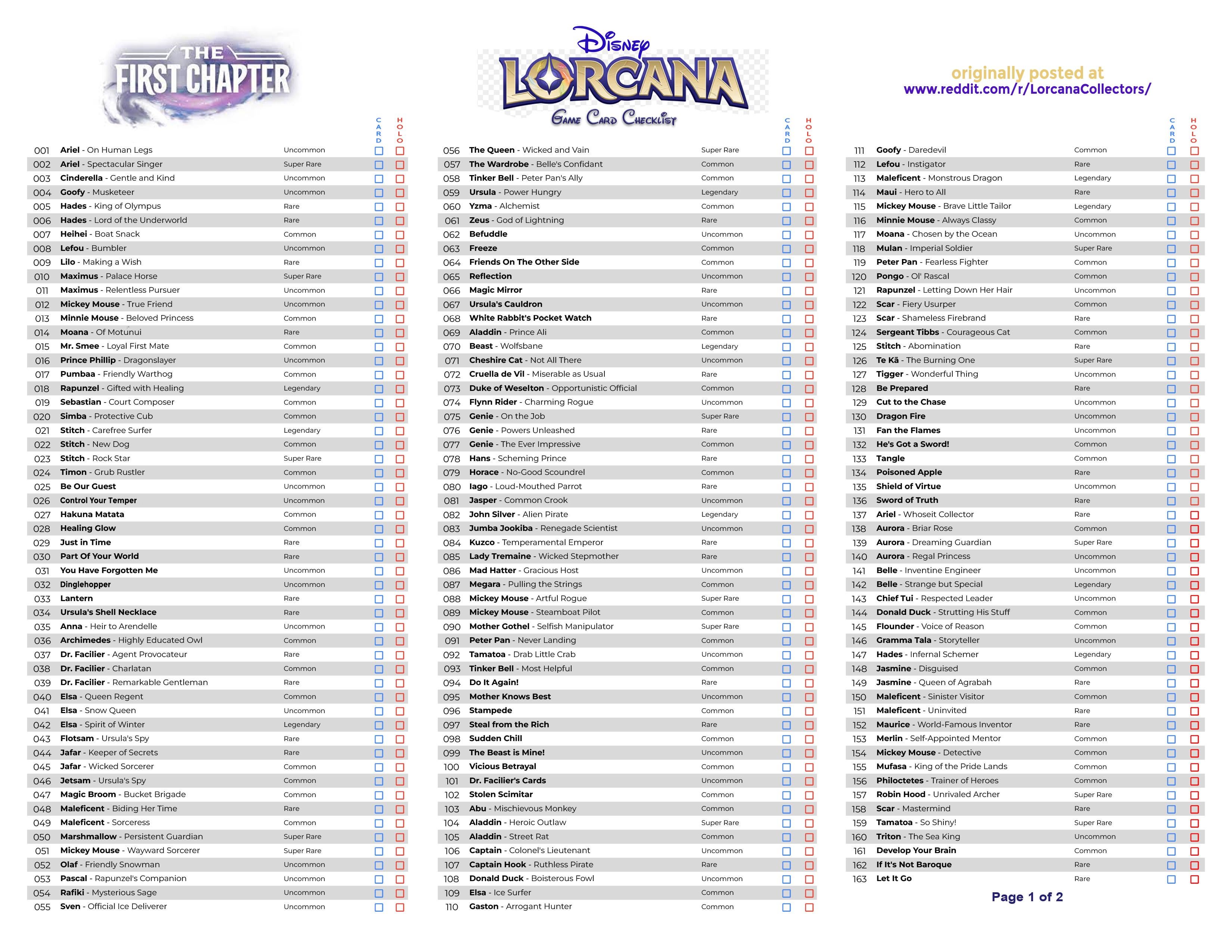 Printable Master Set Checklist for Lorcana 1st Chapter : r/LorcanaCollectors