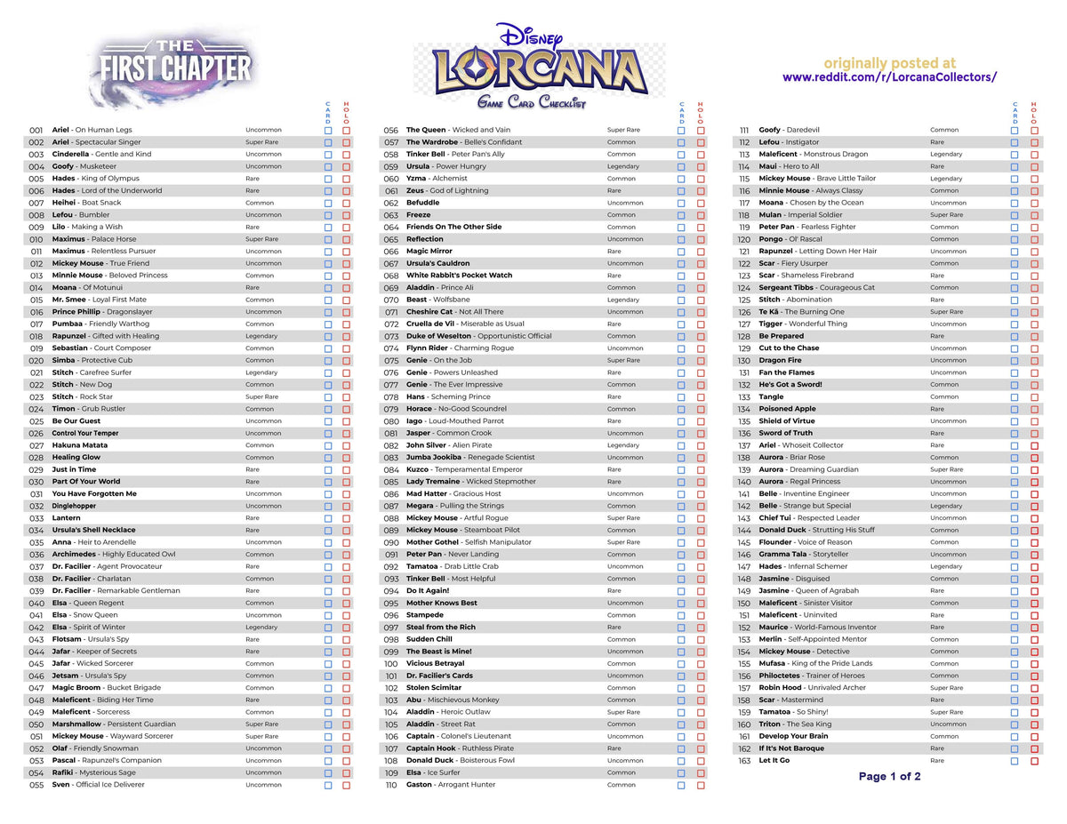 Printable Master Set Checklist for Lorcana 1st Chapter : r/LorcanaCollectors