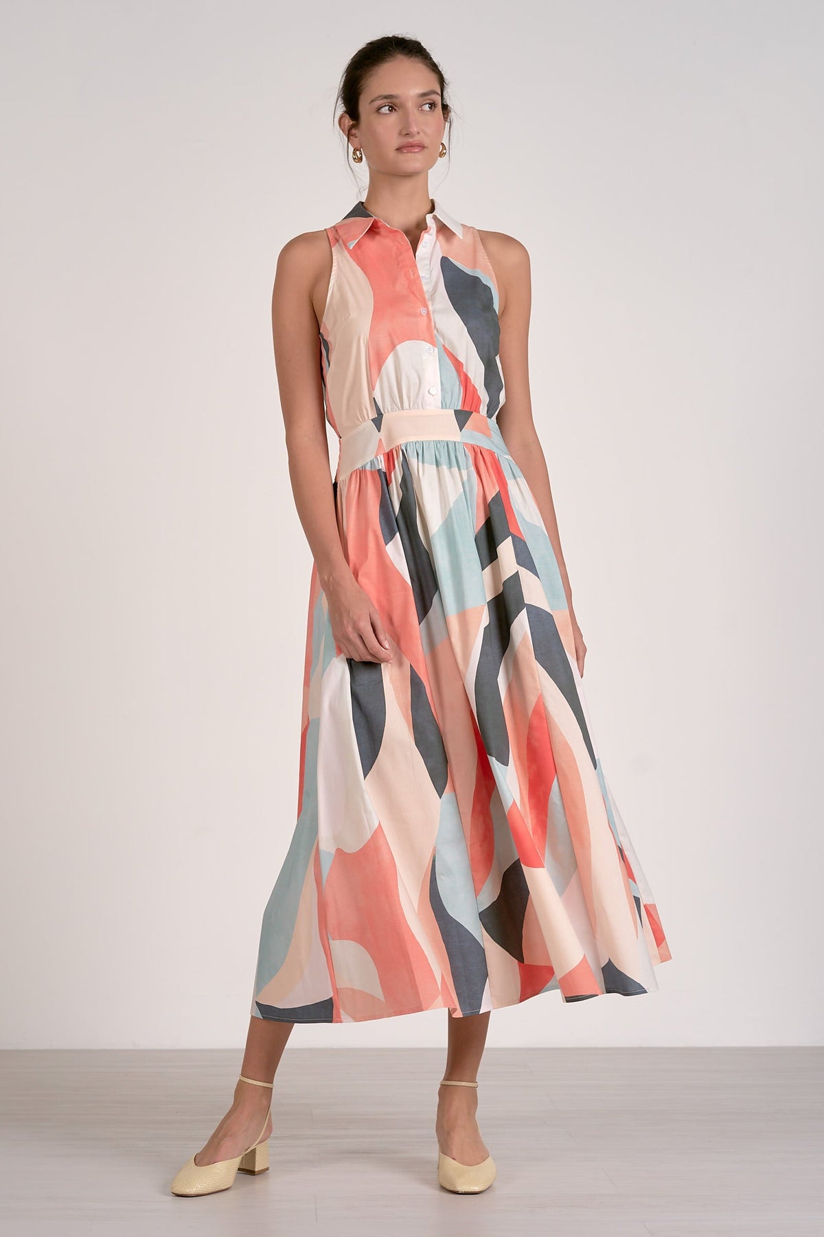 front view of collared prism print midi dress with elastic waist and lightweight cotton blend fabric
