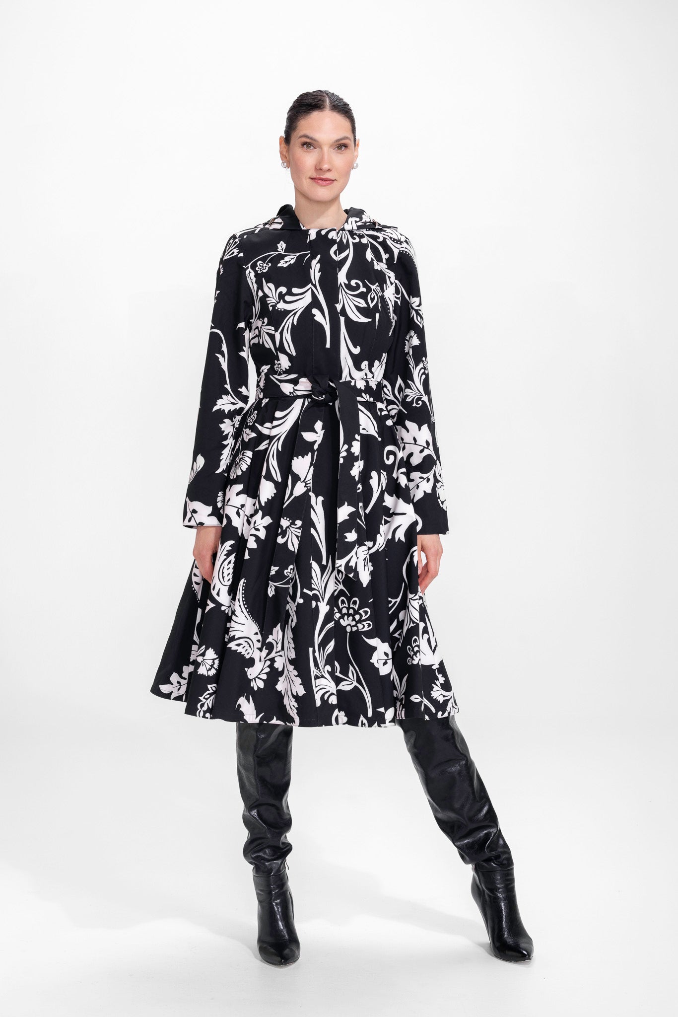 Blooming Night black and white floral coat for women with full circle skirt, front view