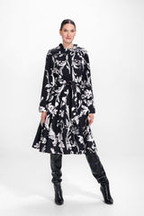 Blooming Night black and white floral coat for women with full circle skirt, front view