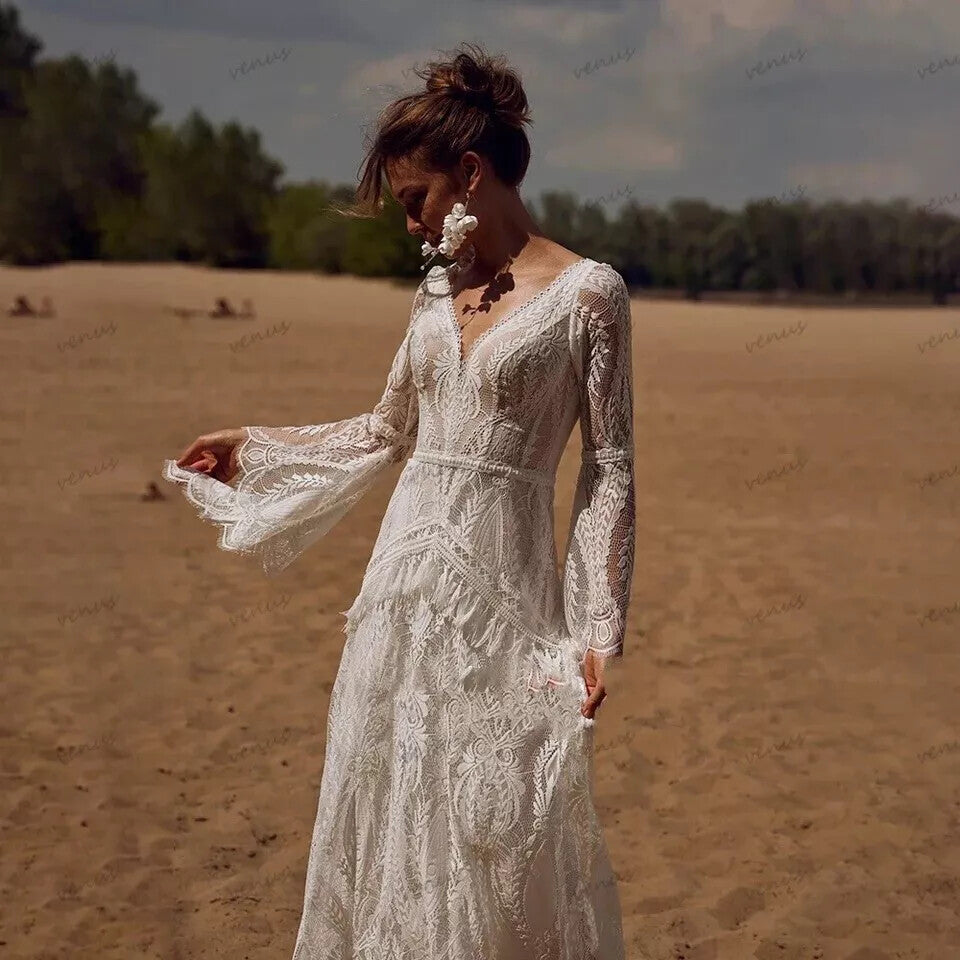 Boho V Neck Wedding Dress Long Sleeves Lace Off-Back A-Line Train Bridal  Gown=-=