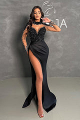 Illusion Neckline Beads Sexy High Split Black Long Sleeves Formal Evening Dress QP0845