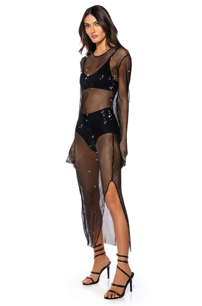 Front View Star Of The Night Rhinestone Mesh Maxi Dress In Black