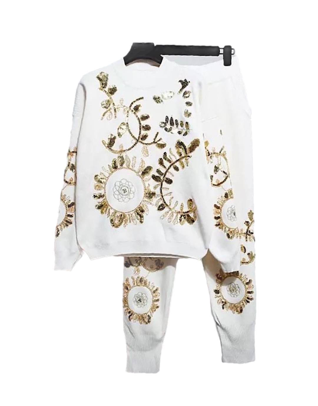 Two Piece Loungewear With Flower Sequin Gold Beadings - BEYAZURA.COM