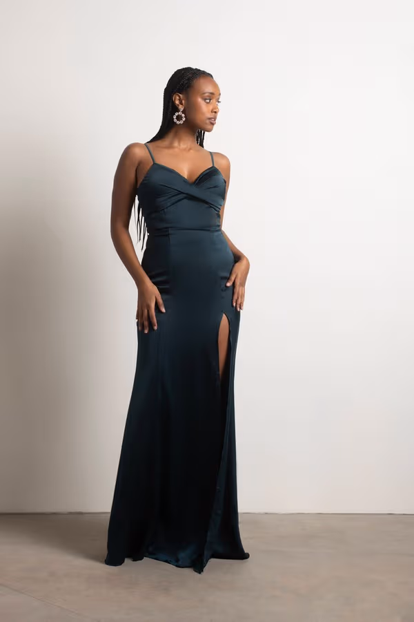 One More Night Satin High Slit Maxi Dress - Emerald