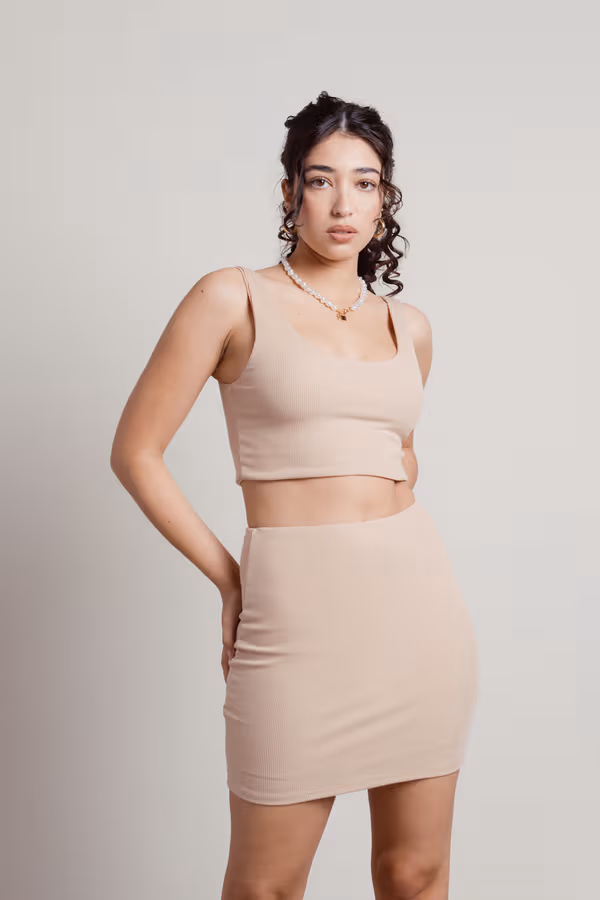 Know Better Ribbed Crop Top and Mini Skirt Set - Tan