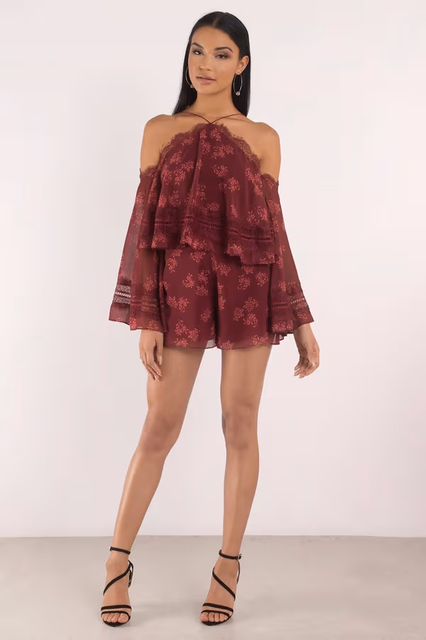 Keepsake Moonlight Cold Shoulder Romper - Wine