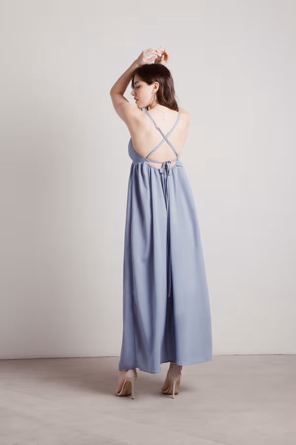 Kallie Deep V Empire Maxi Dress - Dusty Blue