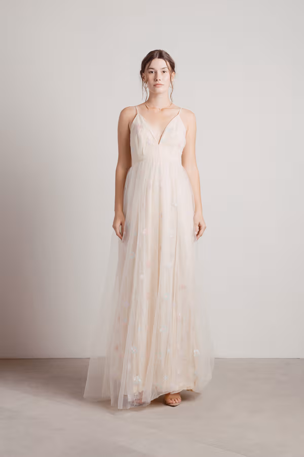 Spring Flowers Embroidered Sheer Maxi Dress - Beige