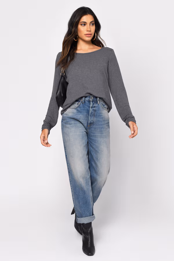 Abigail Waffle Knit Top - Charcoal