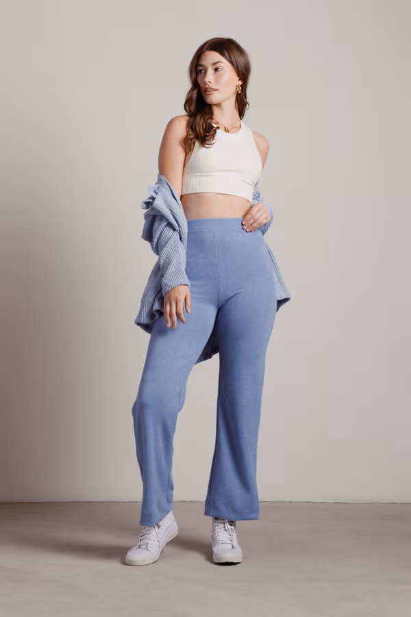 Hold Back Ribbed Knit Pants - Blue
