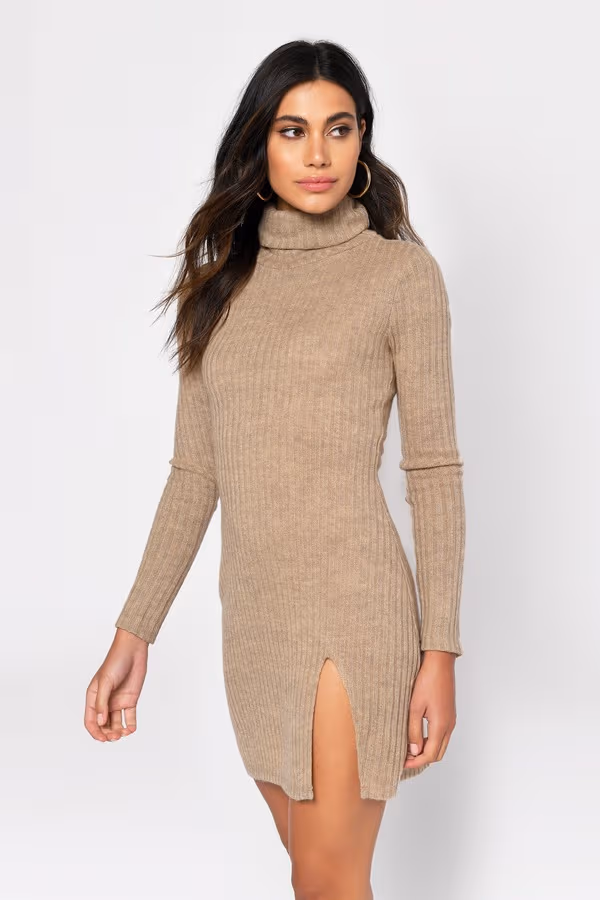 Misunderstood Ribbed Turtleneck Mini Dress - Taupe