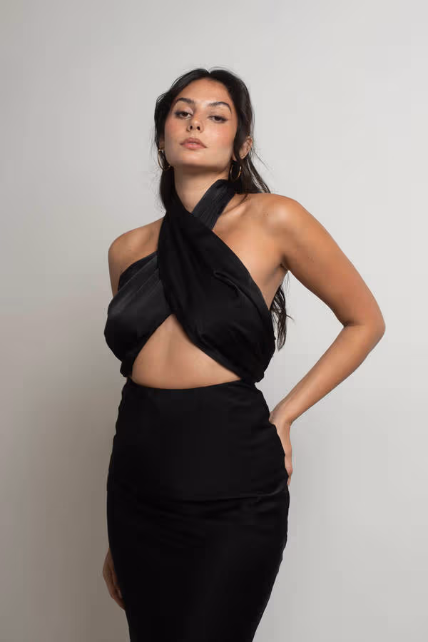 Anabella Halter Bodycon Midi Dress - Black