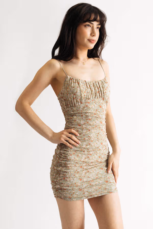 Stephanie Floral Ruched Mini Dress - Sage Multi