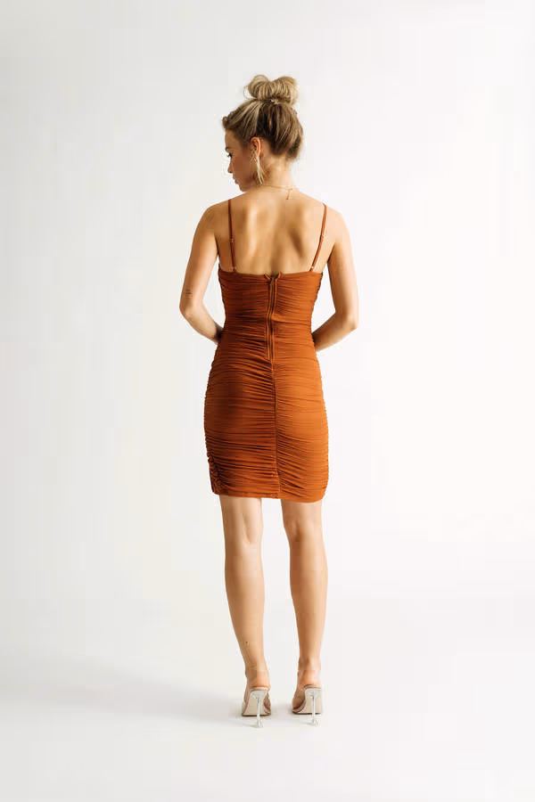 Keep It Up Ruched Bodycon Mini Dress - Camel