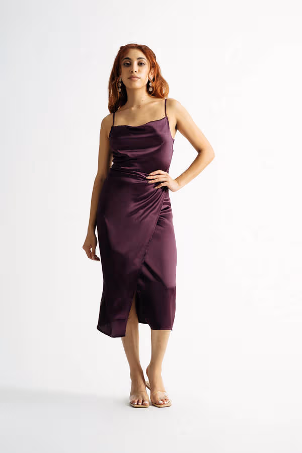 Emma Satin Cowl Neck Midi Dress - Purple