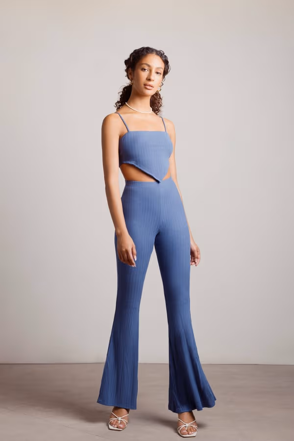 Aura Ribbed Crop Top and Pants Set - Blue